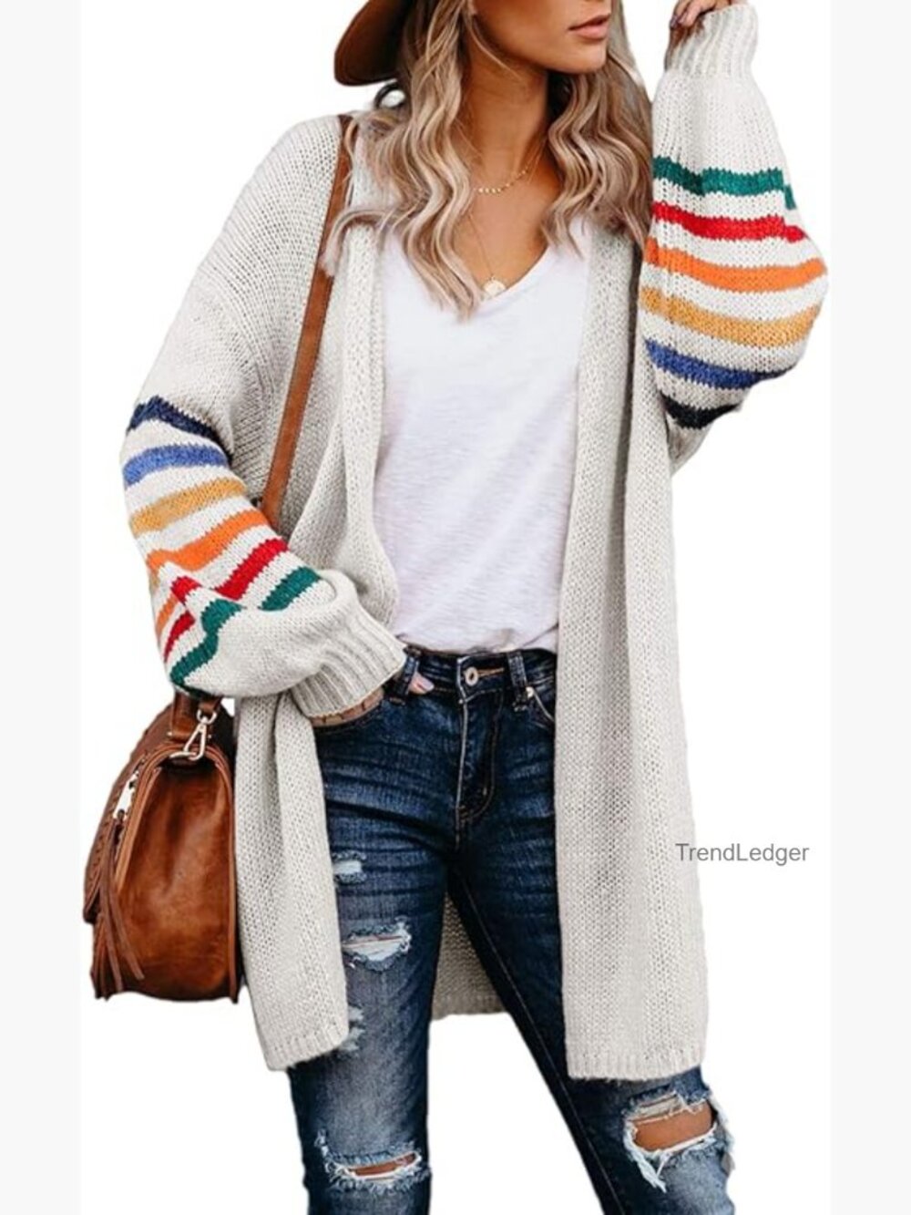 Striped Color Block Open Front Knit Cardigan Long Sleeve Lightweight - Picture 1 of 7